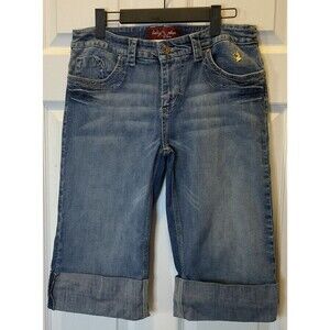 Baby Phat Jean Co Womens Size 11 Light Wash Capri Cuff Zipper Pocket Distress